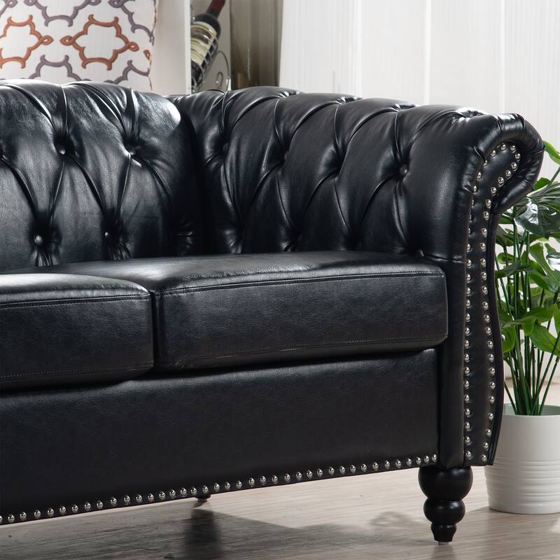 84.65" PU Chesterfield Sofa with Pocket Springs, Birch Legs, Comfortable 3-Seater