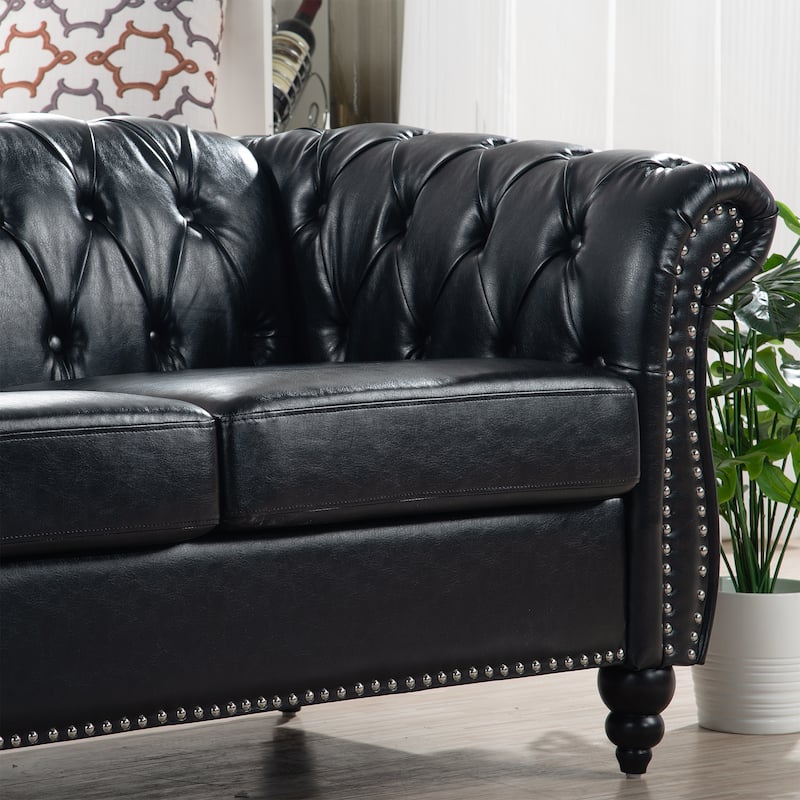 84.65" PU Leather Chesterfield Sofa with Rolled Arms (3-Seater)