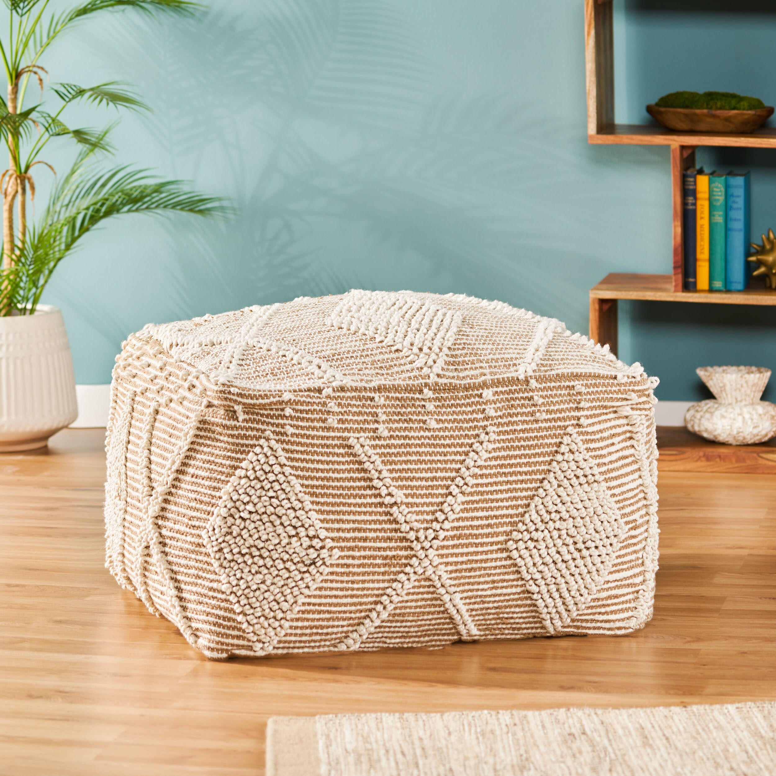 Boho Beige and Teal Yarn Great Deal Furniture 307628 Georgia Outdoor Large Square Casual Pouf 