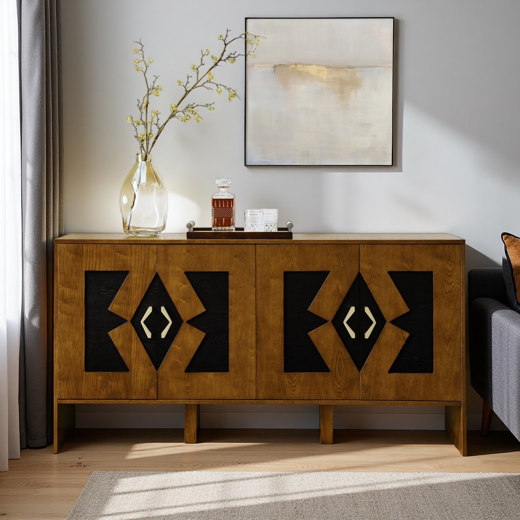 60" Mid-Century Modern Sideboard Buffet with 4 Doors & Adjustable Shelves