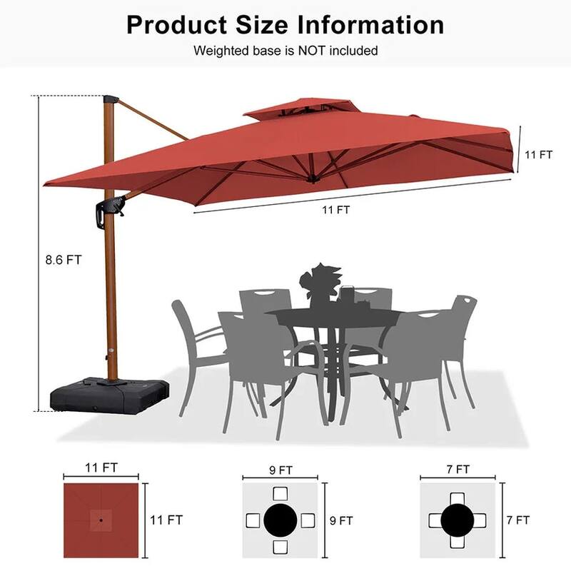 PURPLE LEAF 11ft Square outdoor cantilever Patio Umbrella wood colour