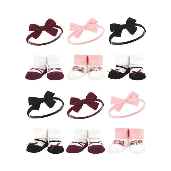 slide 1 of 1, Hudson Baby Infant Girl 12Pc Headband and Socks Giftset, Burgundy Black, One Size - Burgundy Black Burgundy Black - One Size