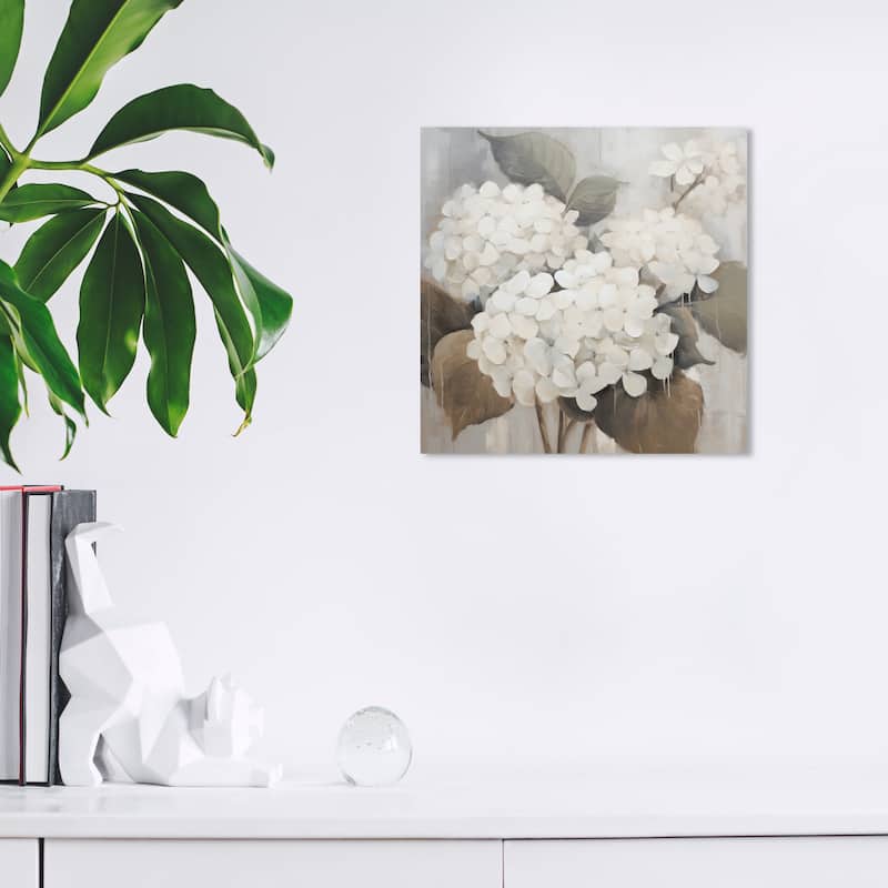 Wynwood Studio Canvas Floral and Botanical Hydrangeas in the rain White and Light Gray French Country Wall Art Canvas Print - 12 x 12