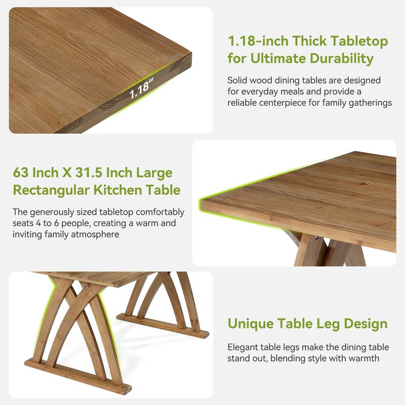 Solid Wood Dining Table for 4-6 People, 63 Inches Rectangular Kitchen Table