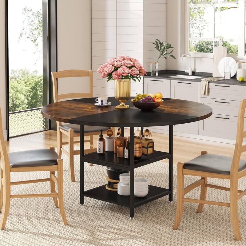 47-Inch Round Wood Dining Table for 4 With Storage Shelf Large Kitchen Table for Home Dining/Living Room