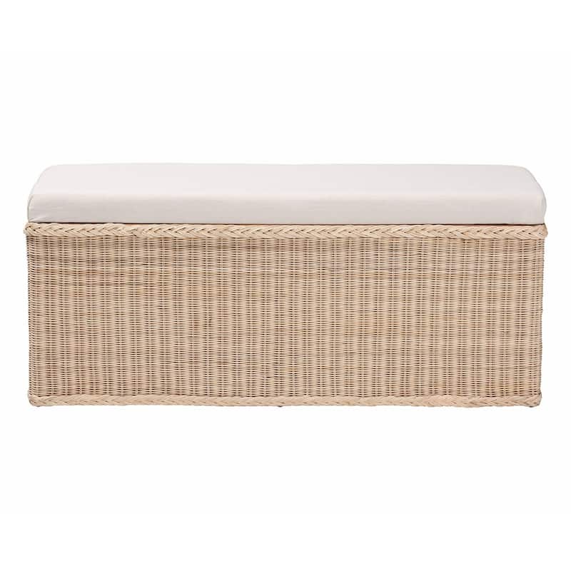 Barid Braided Natural Rattan Storage Bench with Lift-Top - Coastal Boho Chest for Bedroom or Living Room, Natural