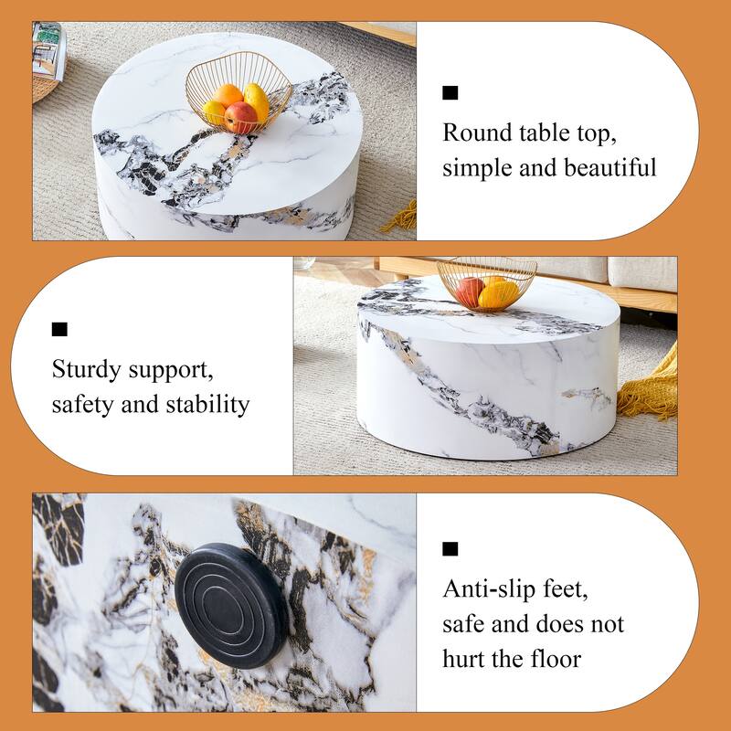 Round Faux Marble Coffee Table, Modern Drum Center Table Wood End Table for Living Room, Apartment, Office