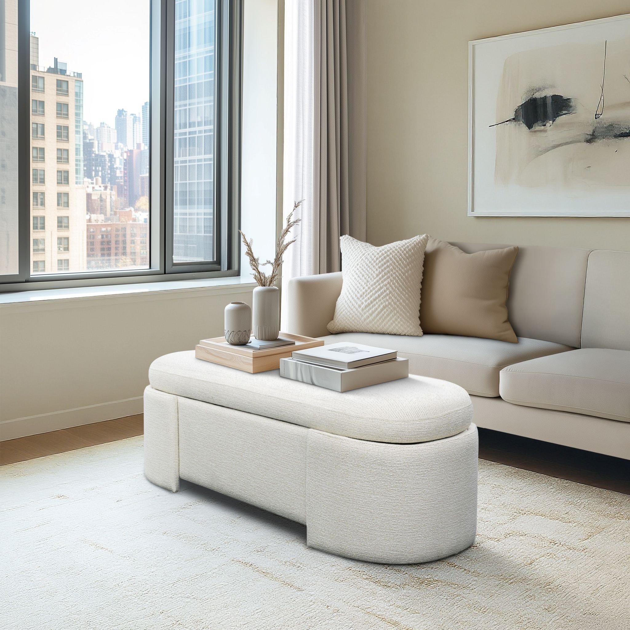 Roomfitters 48" Oval Storage Bench, Martha Stewart Lily Pond Collection, Soft-Close Lid & Hidden Storage, Ivory