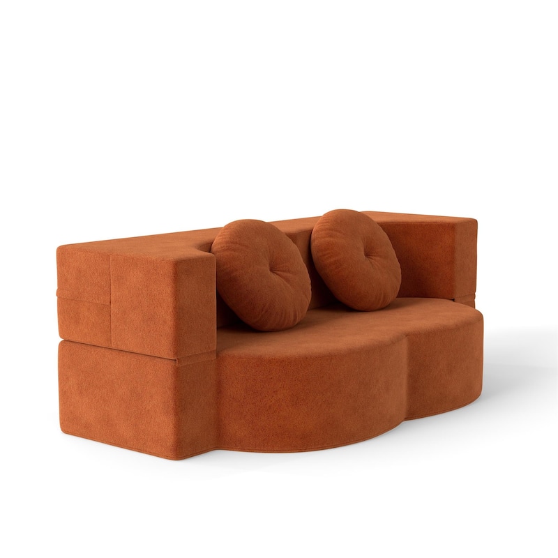 Modern 2-Seater Sofa Multi-Functional Folding Sofa Bed with Pillow, Curved Armrest, for Living Room, Apartment, Orange