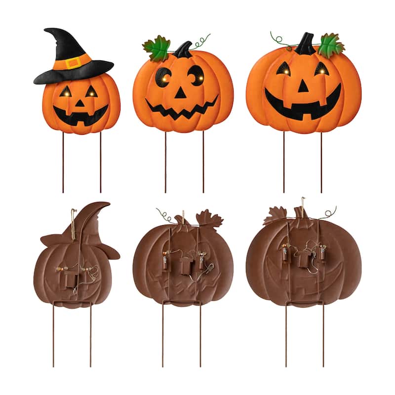 Glitzhome Lighted Halloween Metal Stacked Jack-O-Lantern Yard Stake Hanging Sign