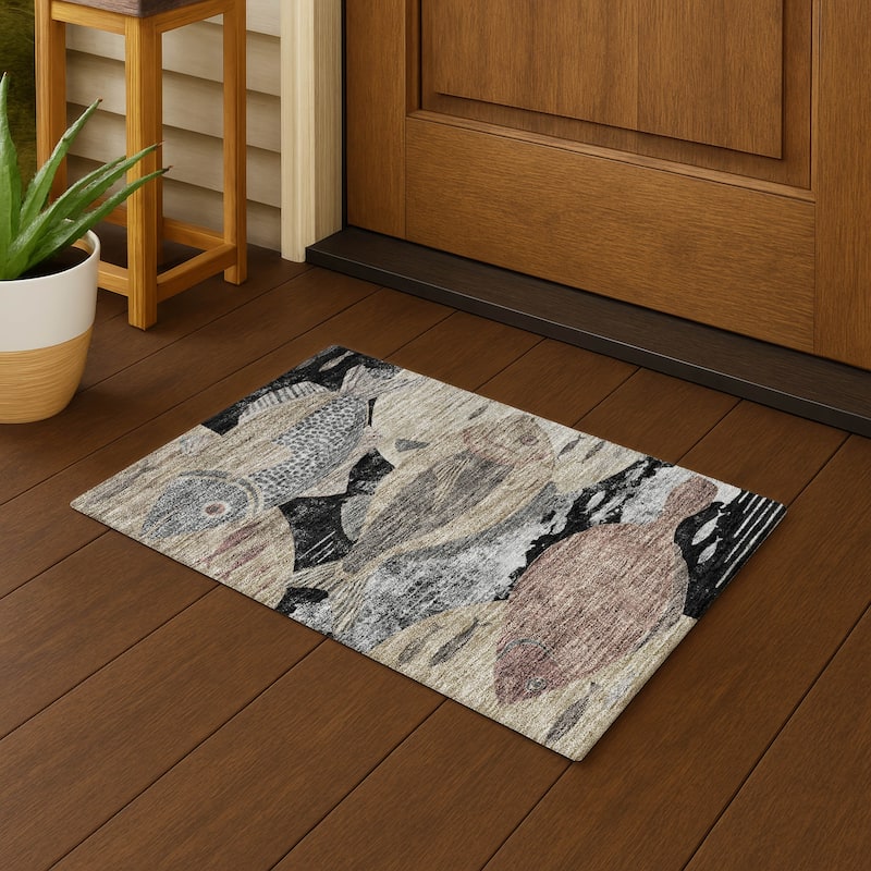 Machine Washable Indoor/ Outdoor Modern Fish Chantille Rug - Black - 1'8" x 2'6"