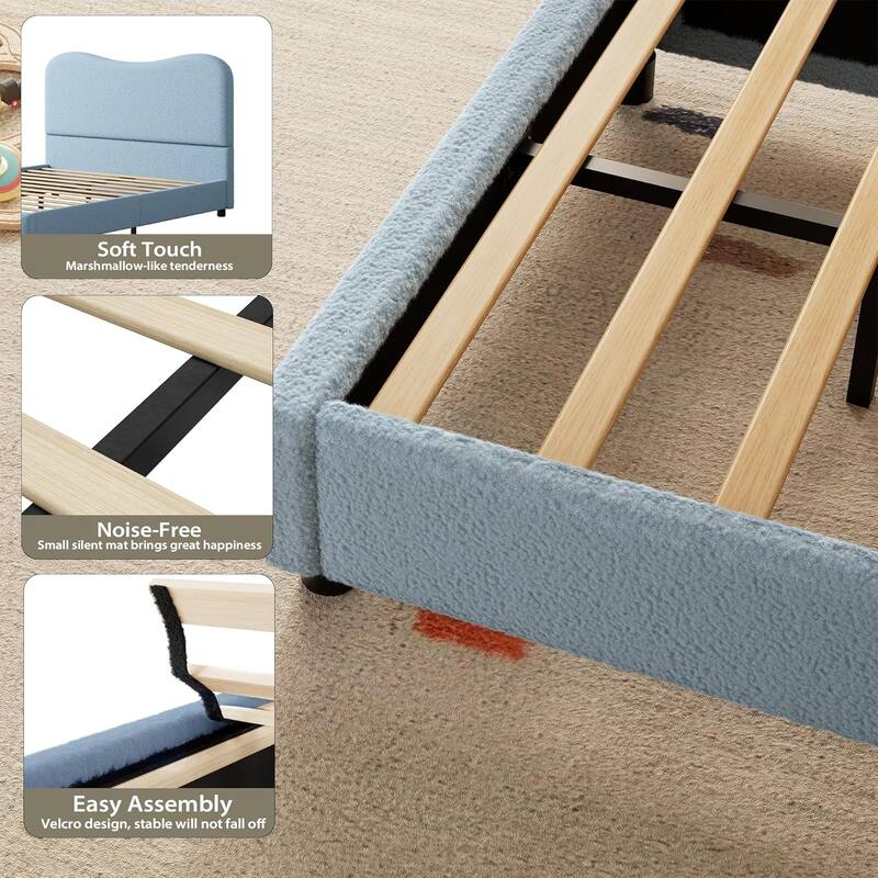Kids Upholstered Platform Bed, Soft Boucle Fabric with Low Profile Frame & Wood Slats, Boys/Girls Bedroom