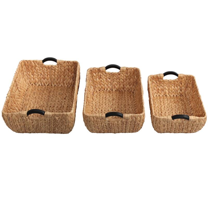 Astor Handwoven Water Hyacinth Nesting Storage Baskets, Wood Handles (Set of 3)