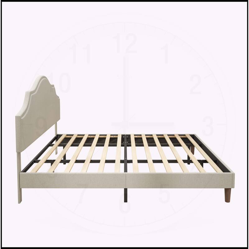 Linen Fabric Padded Platform Bed with Adjustable Headboard