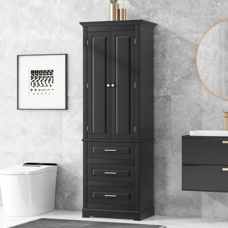 70" Tall Storage Cabinet with Doors and Three Drawers for Bathroom/Office