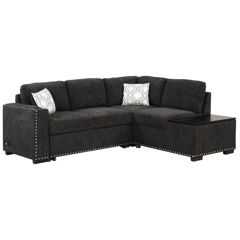 83.8'' L-Shaped 4 Seater Sectional Sofa with Pull-Out Bed, Storage Chaise, USB Ports, Power Sockets, and Cup Holders