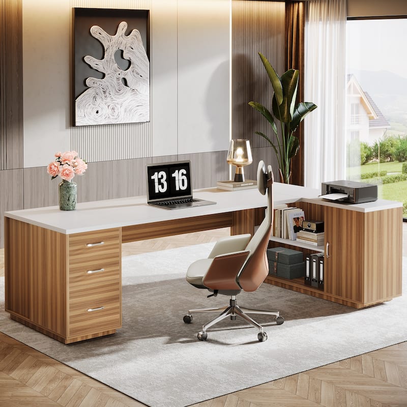 85.8" L-Shaped Executive Desk, Extra Large Office Desk with File Drawers - White and Brown