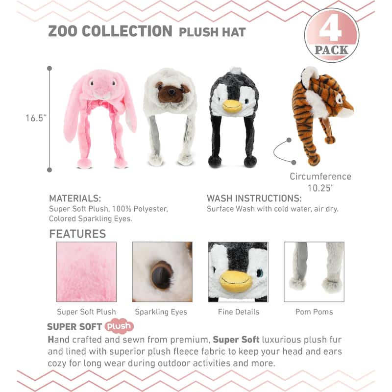 DolliBu Zoo Animal Plush Hat Set of 4 – Bunny, Tiger, Penguin, Sloth - One Size
