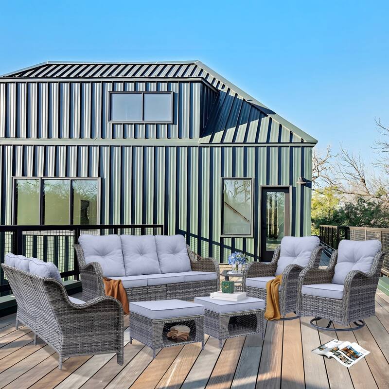 High Back Wicker 7 Piece Outdoor Patio Furniture Seating Sofa Set - Grey-Gray Rattan