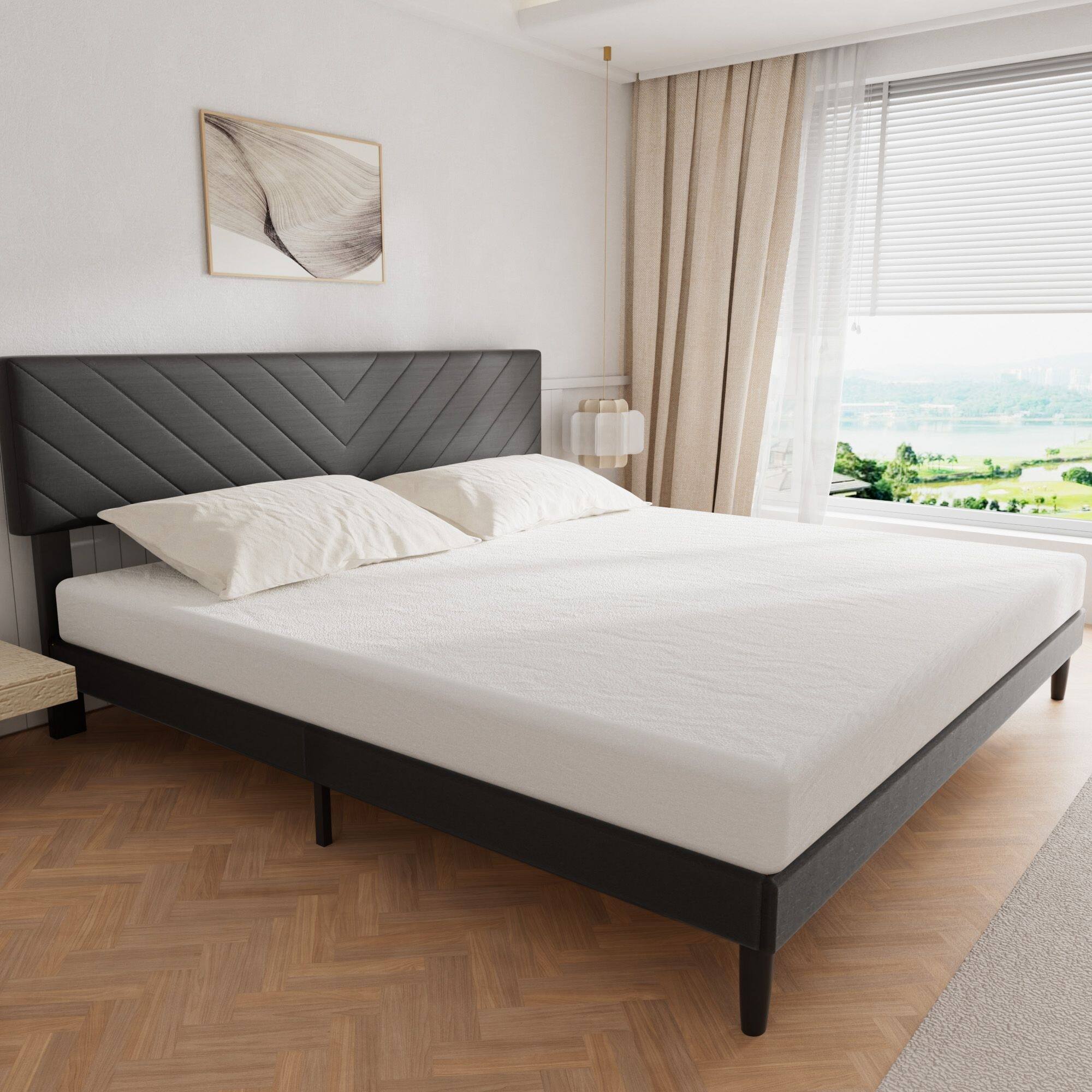 Upholstered Bed Frame Platform with HighAdjustable Headboard and Solid Wood Slats Support Bed