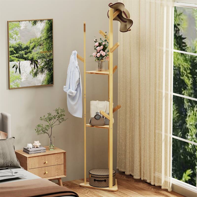Tree Style Clothes Rack Free Stand with Solid Wood&Hooks Home Bedroom - Natural Bamboo