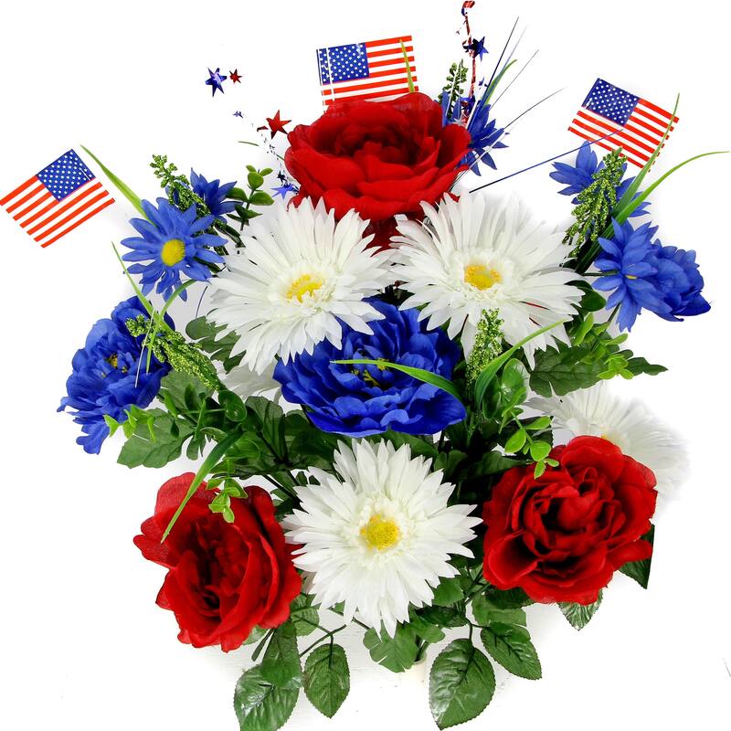 18 Stems Faux Peony Daisy fillers Mixed Flower Bush w/American Flags - GPB4340-RD/WT/BL