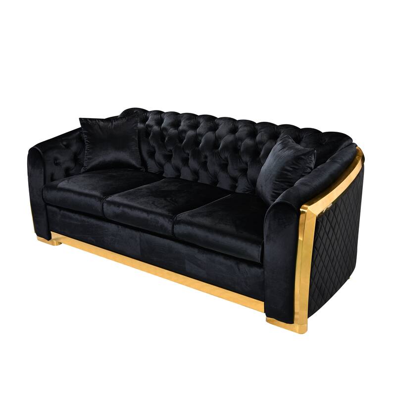 High-End European Design Velvet Chesterfield Sofa with Gold Stainless Steel Legs - 3-Seat Couch