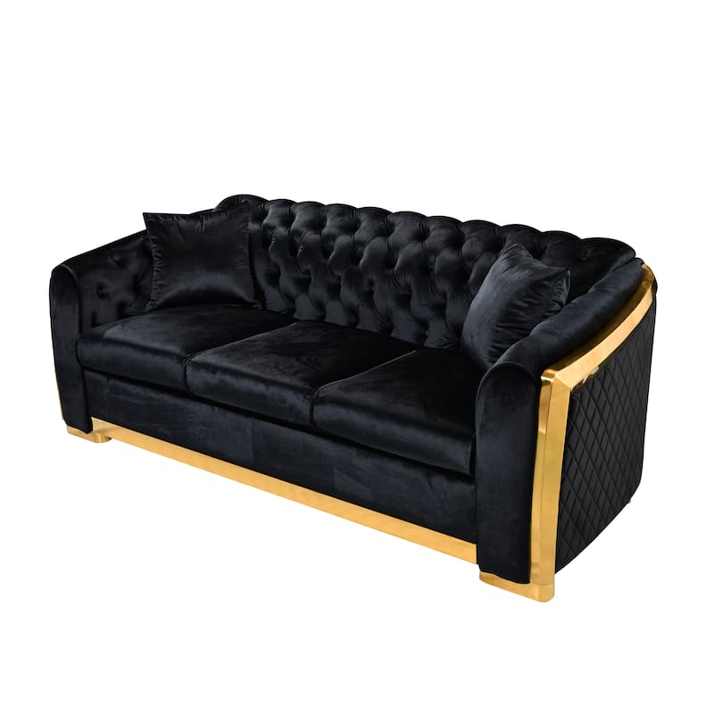 Velvet Chesterfield Sofa Set - 3-Seat Tufted Couch with Gold Stainless for Living Room