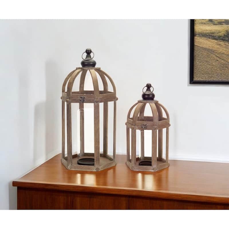 Set of Two Brown Wood and Glass Floor Lantern Candle Holders - One Size - Brown - One Size