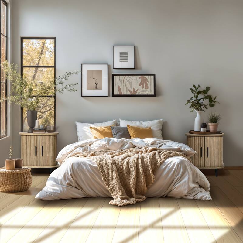 Mid-Century Modern 2-Door Nightstand and End Table with Slatted Slidng Doors