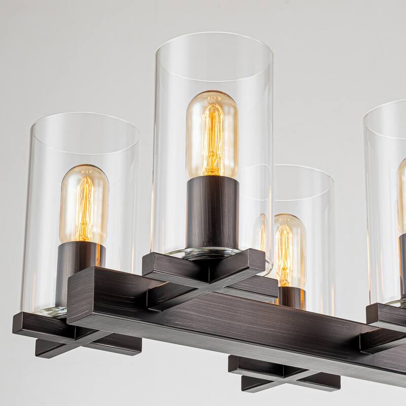 10-Light Industrial Farmhouse Linear Candle Chandelier with Cylinder Clear Glass Shade