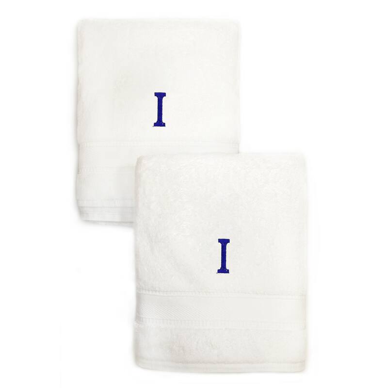Sweet Kids 2-piece White Turkish Cotton Hand Towels with Royal Blue Monogrammed Initial - White/I