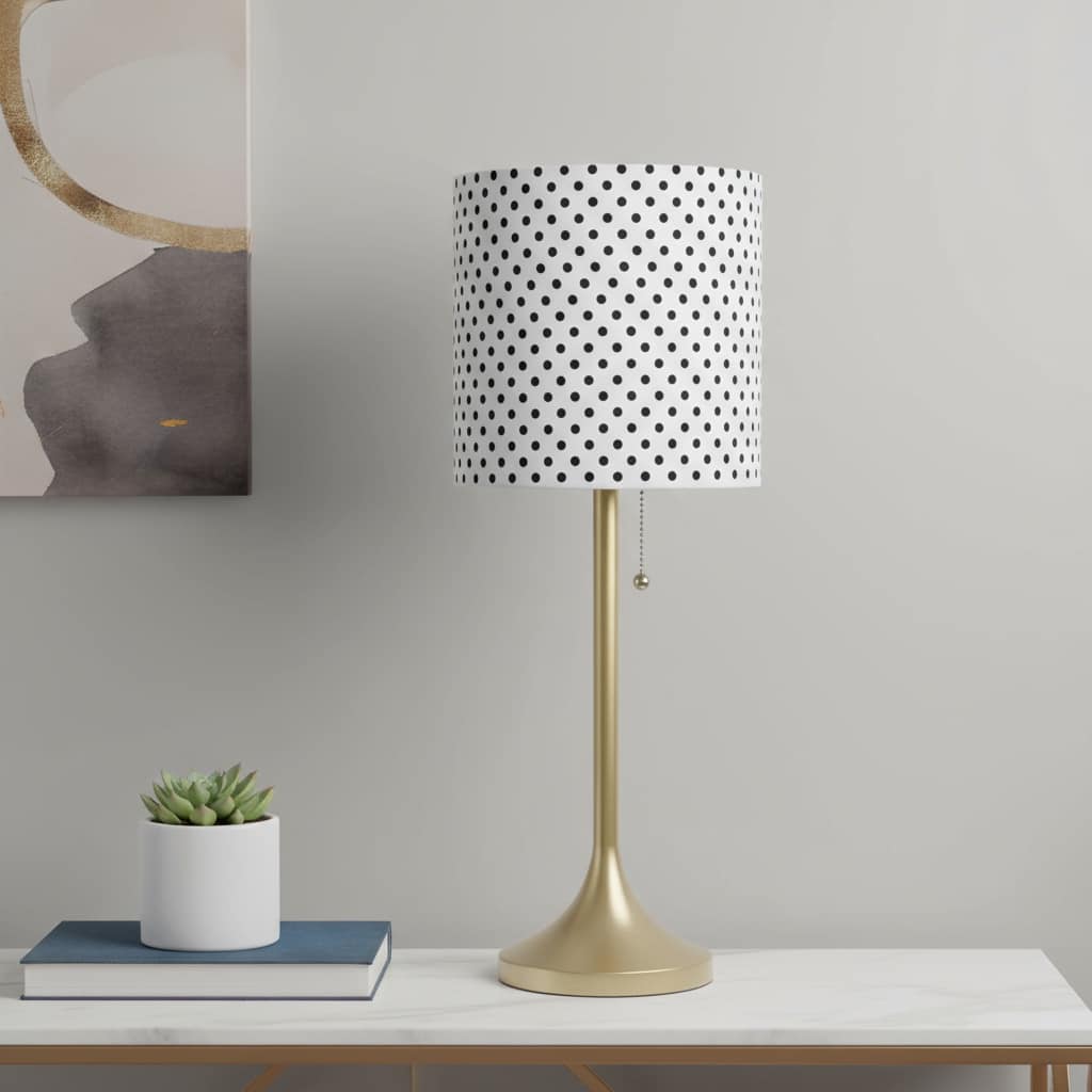 HomeRoots 21" Gold Metal Table Lamp With Polka Dots Fabric Drum Shade - 8.00 in. x 21.25 in. x 8.00 in.