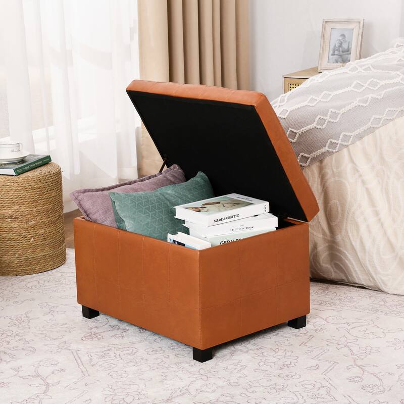 Adeco 24'' Faux Leather Storage Ottoman Bench with Tufted Top