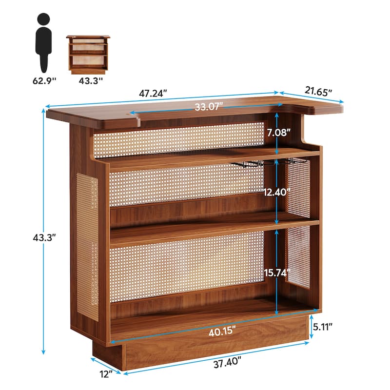 Rattan Home Bar Unit, Farmhouse 4-Tier Bar Table with 4 Stemware Racks