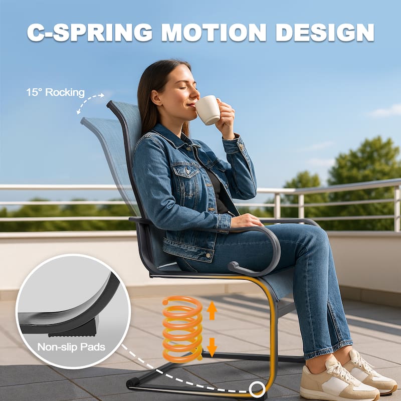 Patio Metal Dining Chairs Set of 2, C-Spring Motion and Padded Textilene