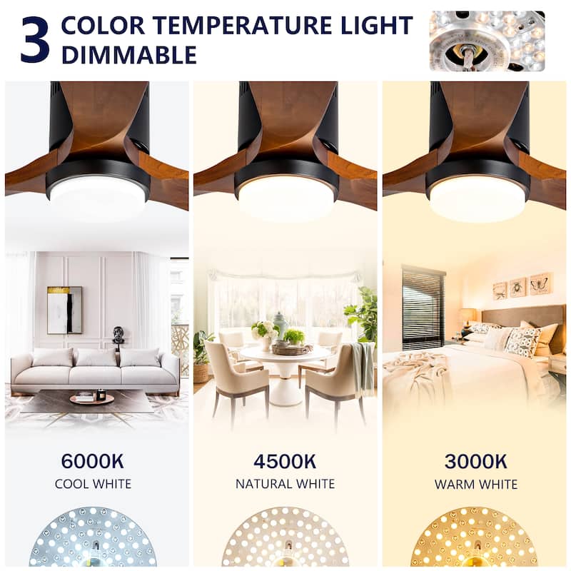 52 Inch Flush Mount Ceiling Fan with Lights and Remote Control, Wood Blades, Quiet DC Motor - Indoor/Outdoor - Black