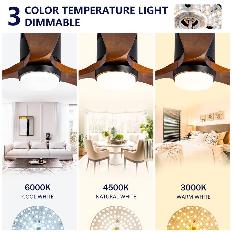 Ceiling Fan with Lights 52 Inch Flush Mount Ceiling Fan with Remote Control, Wood Blades Modern Ceiling Fans, Quiet DC Motor