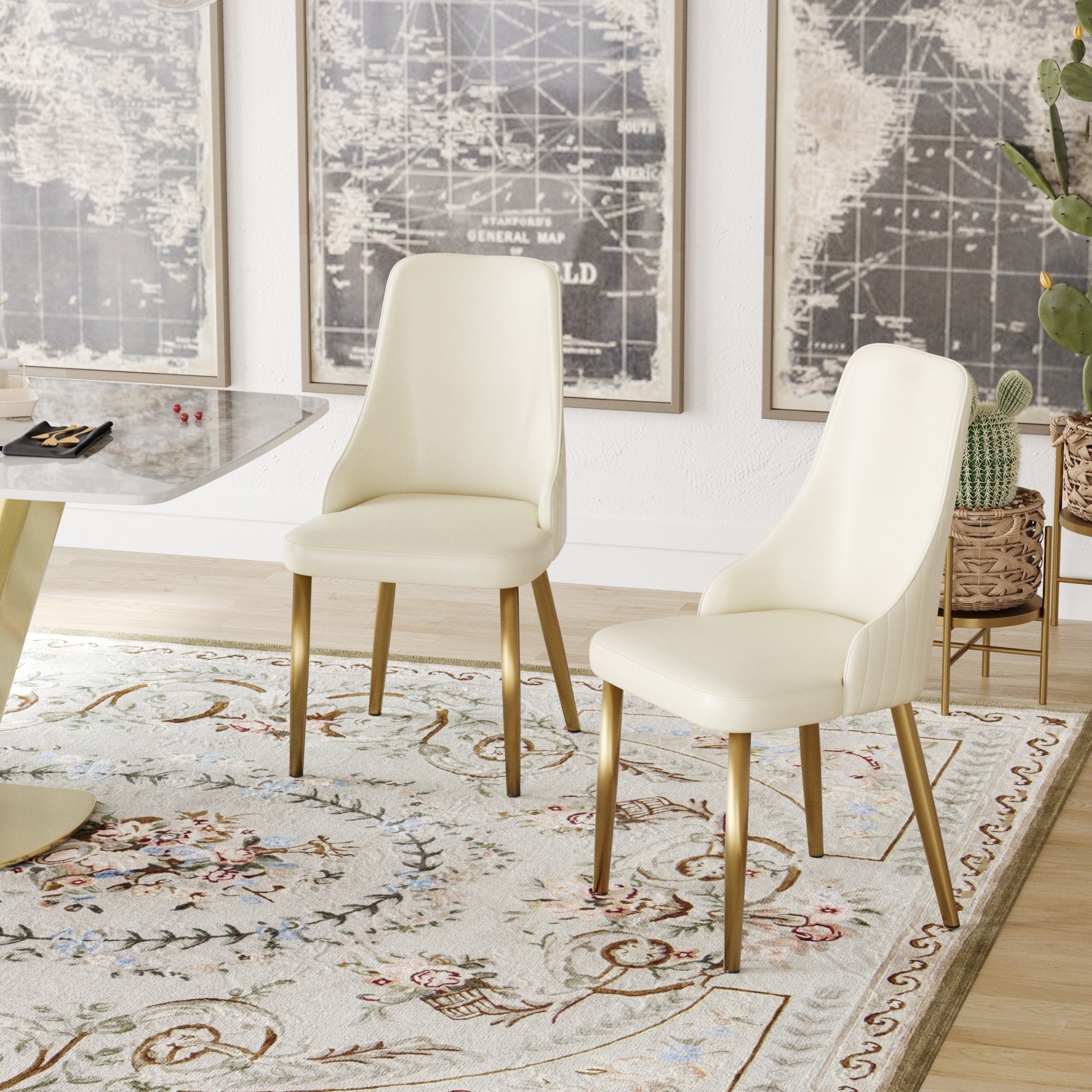 (Set of 2) Modern Beige PU leather Upholstered Dining Chair Desk Chair Furniture with Sturdy Metal Legs