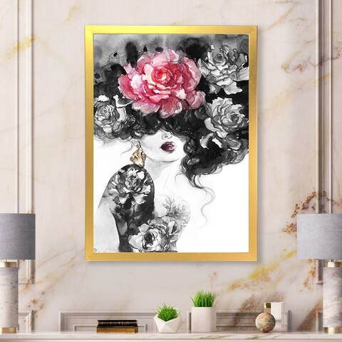 Designart "Floral Fashion Woman Portrait II" Glam Framed artwork