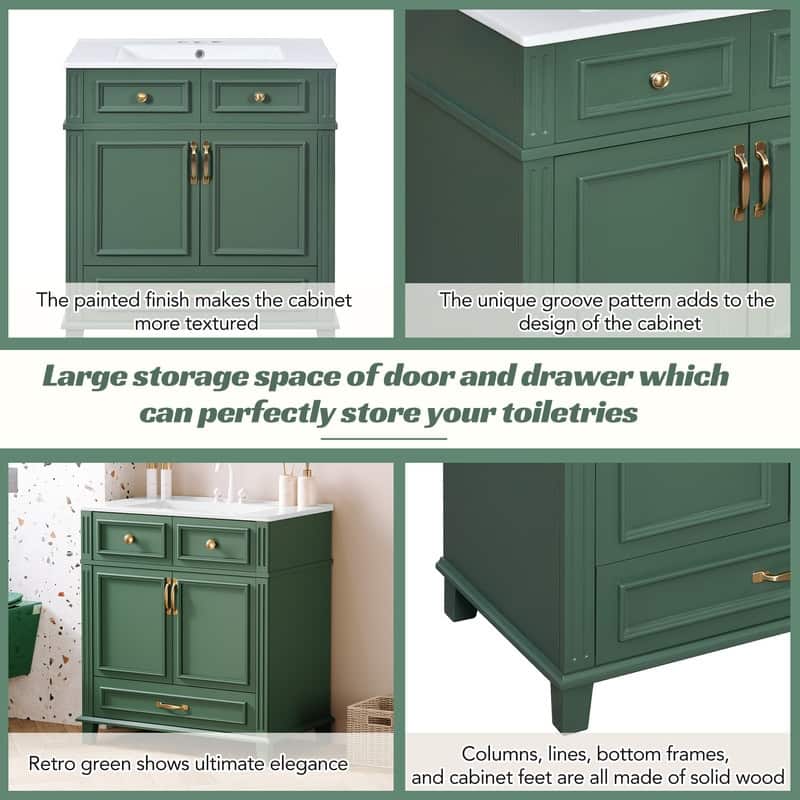 30'' Bathroom Vanity with Ceramic Sink,Solid Wood Frame Bathroom Storage Cabinet with Soft Closing Doors,Retro Style