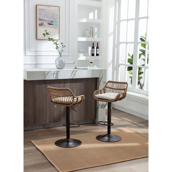 2pcs Beige Swivel Bar Stools Adjustable Counter Height Chairs with Rattan Back and Footrest for Kitchen Island Dining Chair Set of 2