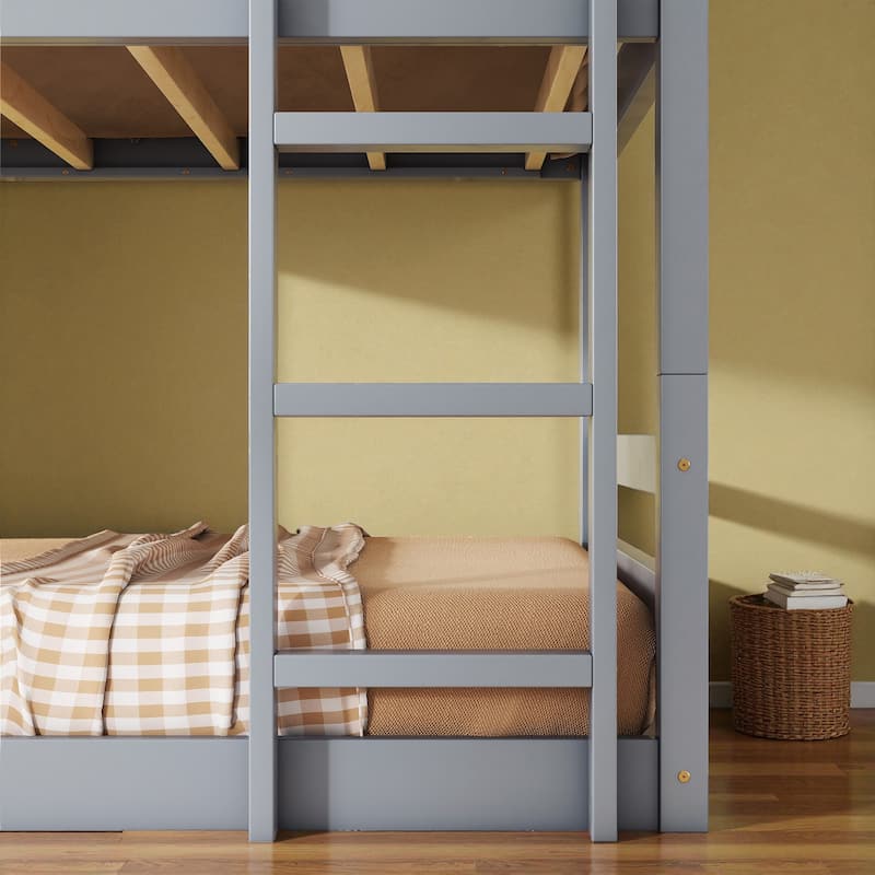 Twin Over Twin Over Twin Rubber Wood Triple Bunk Bed with Guardrails and Two Built-in Ladders, Detachable 3-Tier Bed Frame