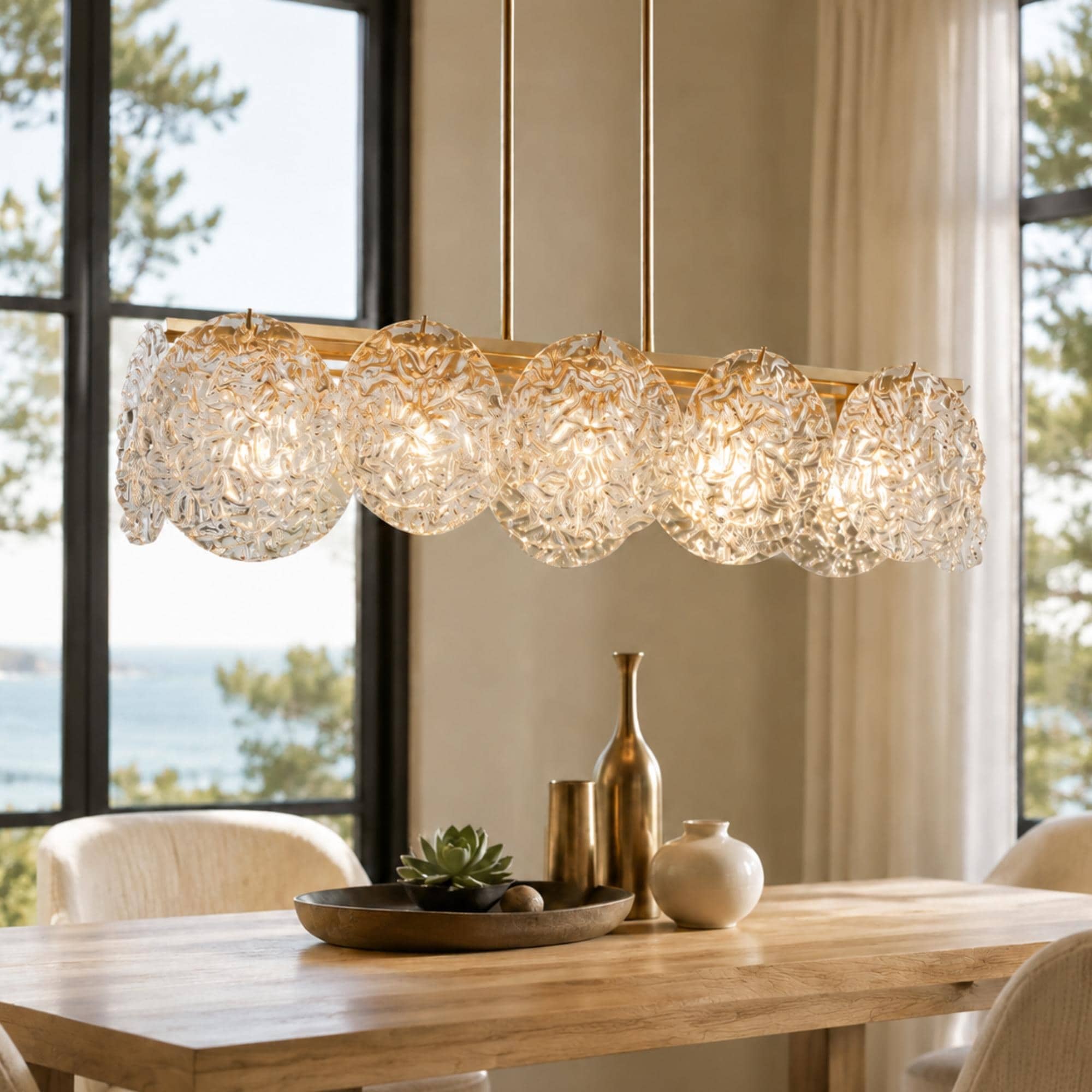 Modern Gold 5-Light 33" Rectangle Glass Chandelier Island Lights for Dining Room - 33" L x 9" W x 7.5" H