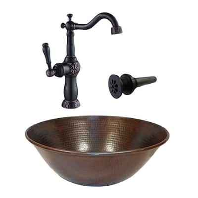 14" Rustic Round Copper Vessel Bathroom Sink Faucet & Daisy Drain Included - 14" x 14" x 5.5"