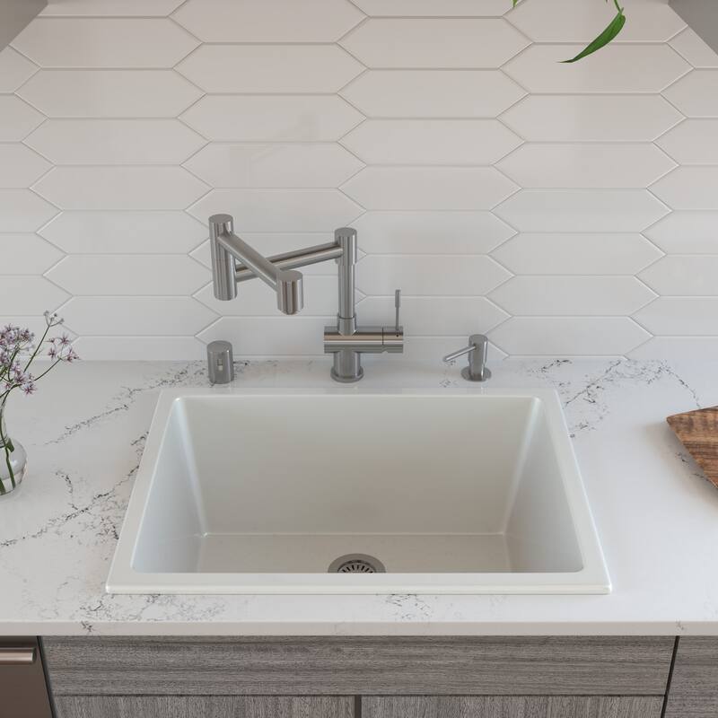 ALFI brand AB2418UD 24" White Undermount / Drop In Fireclay Kitchen Sink