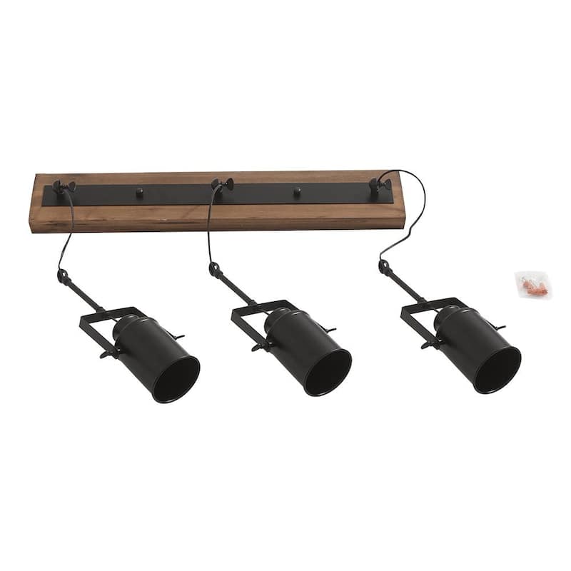 Industrial 3-Light Black Ceiling Track Light - Brown Wood + Black Metal