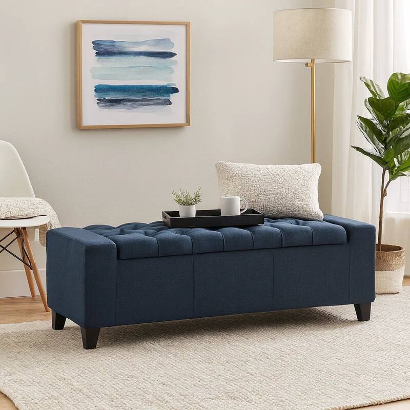 Storage Ottoman Bench, 51 Inch, Deep Button Tufted Dark Blue Fabric