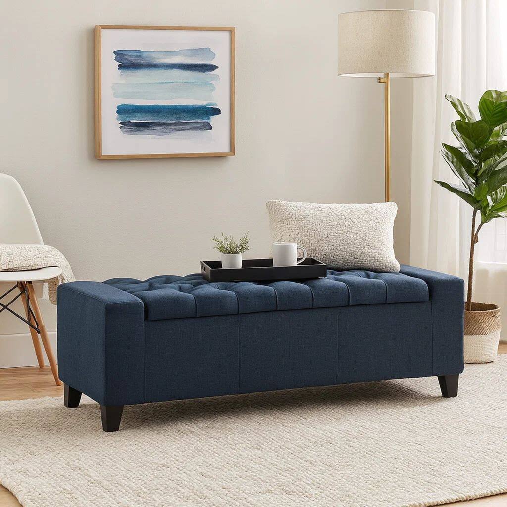 Storage Ottoman Bench, 51 Inch, Deep Button Tufted Dark Blue Fabric