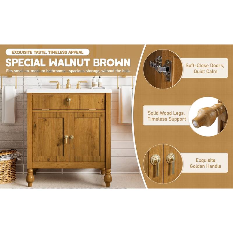Christopher Knight Home - Jin 30-Inch Walnut Bathroom Vanity: Seashell Resin Sink & Flip-Up Storage